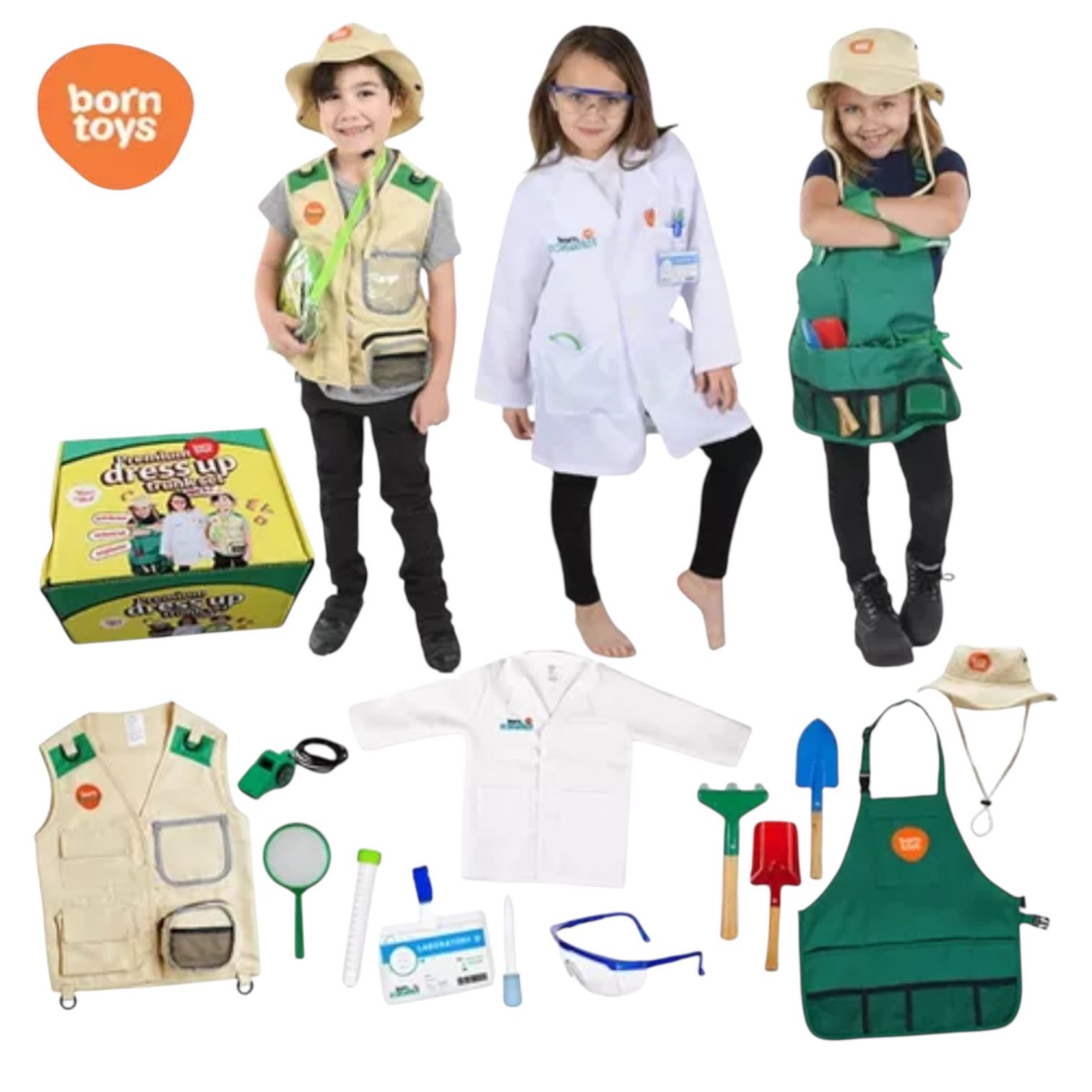 Born Toys Dress Up Trunk Set w/ Gardener Scientist & Explorer Costumes for Kids