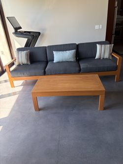 Teak sunbrella Outdoor/Indoor Lounge Set – Barlow Tyrie Linear Sofa, Chair & Table