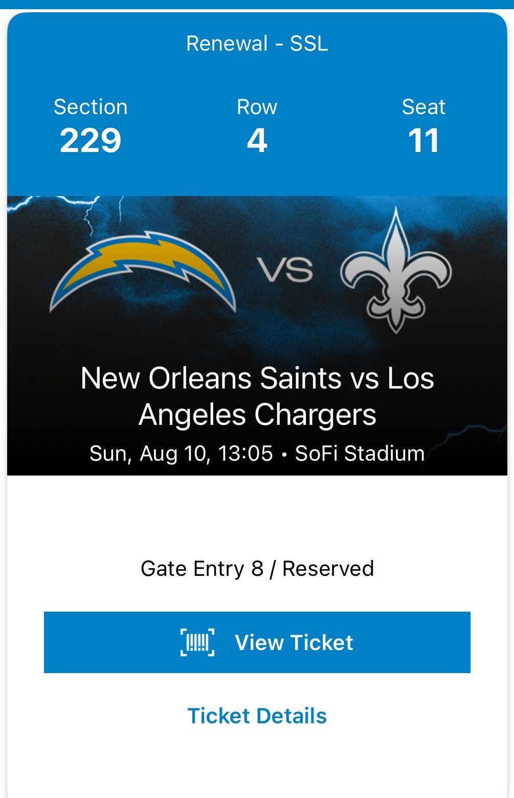 Chargers vs saints SOFI Stadium- AISLE SEATS With Tailgate Parking