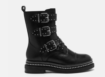 Black Leather Studded Buckle Combat Boots