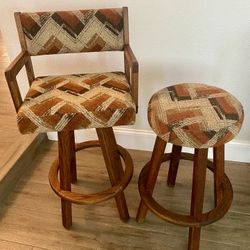 Set of Two Vintage Oak Swivel Barstools 