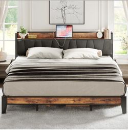 King Size Bed Frame, Storage Headboard with Charging Station.