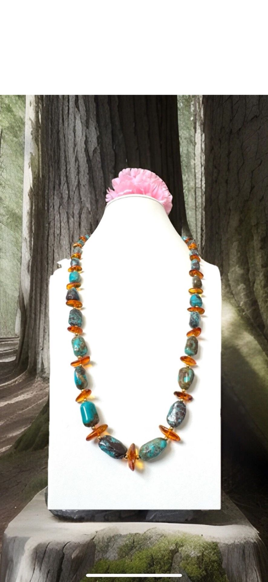 Vintage & Stunning Baltic Amber With Southwestern Blue Turquoise Necklace & Matching Bracelet 26”inch & 98 grams