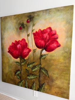 Large Signed Red Floral Oil Painting on Canvas