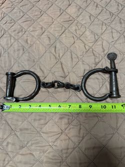 Authentic 19th Century Antique Darby Iron Handcuffs – Matching Key Set #379