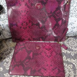 2 Coach Raspberry Pink Python Snakeskin Leather Clutch 