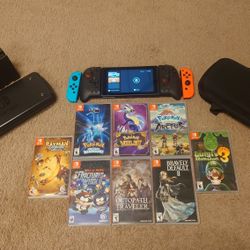 Nintendo Switch Neon Red Blue Joycons w/ Pokemon games, cases, dock