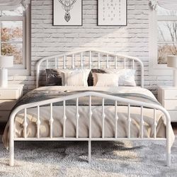 Full Size Metal Platform Bed Frame with Victorian Style Wrought Iron-Art Headboard/Footboard, No Box Spring Required, White