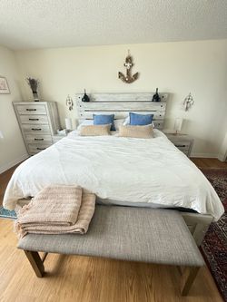 King size bed and bed frame and night stand and drawer