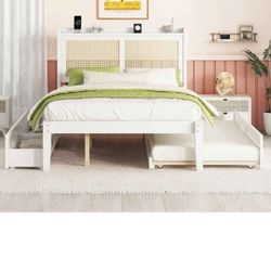 LostCat Full Size Bed With Trundle And 2 Storage Drawers, Wood Platform Bed Frame With Rattan Headboard And Sockets, No Box Spring Needed, White