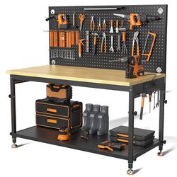 48" Heavy Duty Work Bench Adjustable Height Max Load 2000 LBS with Storage Shelf for Garage Workbench, Rubberwood Tabletop with Pegboard, L