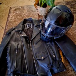 Harley Davidson Helmet and Barney's  Vintage Genuine Leather Jacket