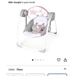 Ingenuity Comfort 2 Go Compact Portable 6-Speed Cushioned Baby Swing with Music, Folds Easy, 0-9 Months 6-20 lbs (Pink Flora the Unicorn)