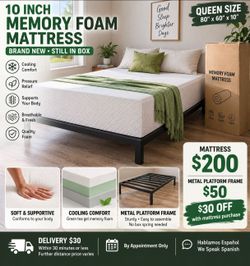 Brand New Queen 10" Memory Foam Mattress – $200
