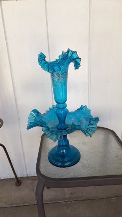 Vintage Blue glass centerpiece, hand-painted