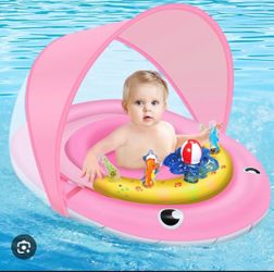 Baby Pool Float with Canopy UPF 50 Sun Protection, 6-24 Months Inflatable Infant Swimming Ring, Bath Floatie, Swimming Pool