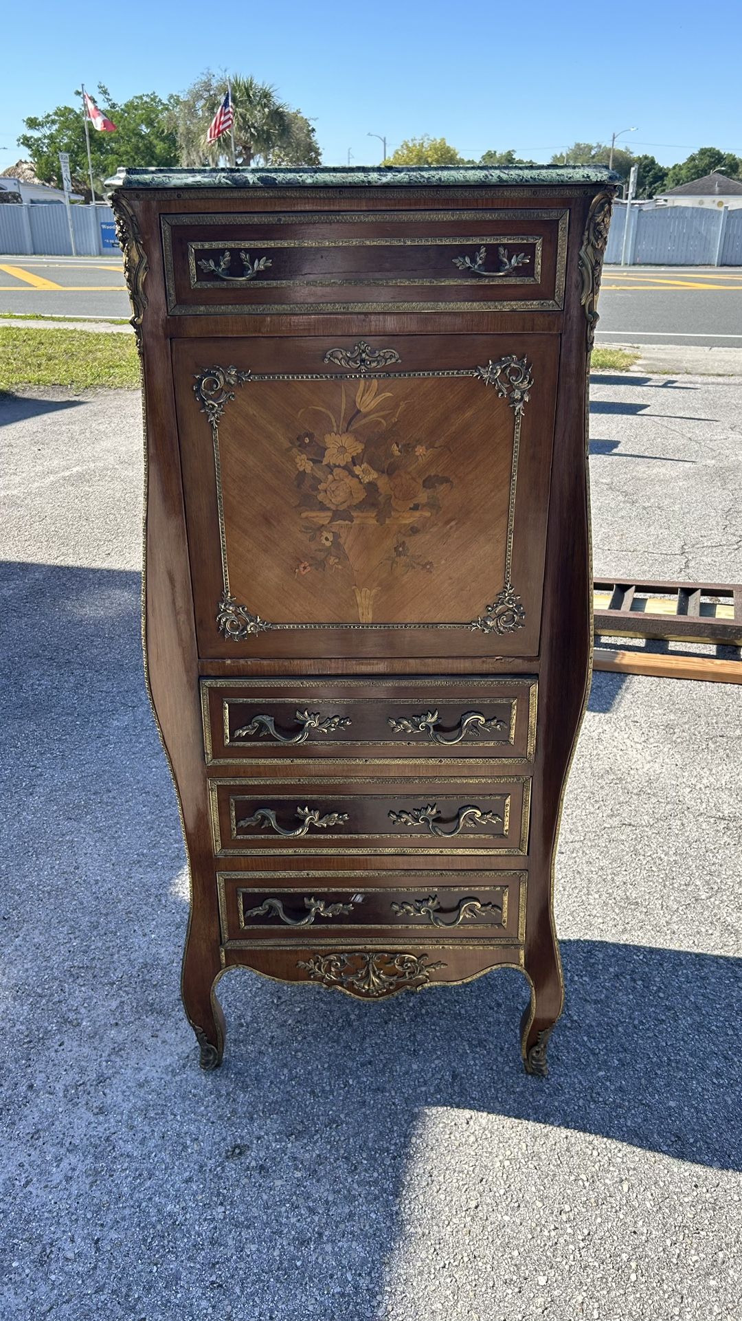 French Louis XV Walnut Marquetry Secretary Chest With Marble Top