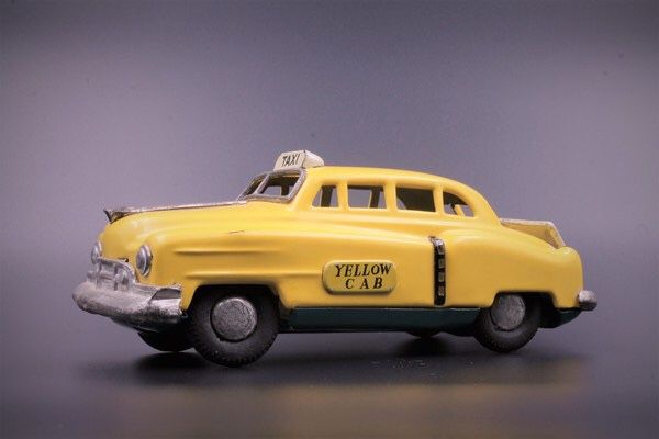 7" 1950s Cadillac Sedan Yellow Taxi Cab Japan vintage tin toy car, Japanese tin car, made by SSS Shioji