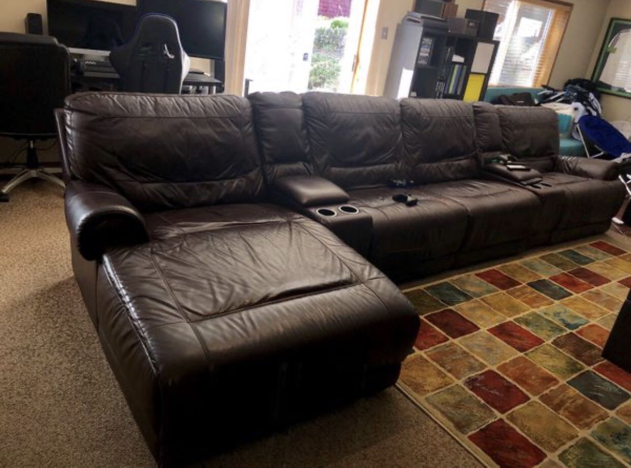 Large Brown Leather Electric Reclining Couch / Sofa