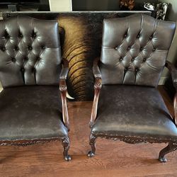 2 Wood and Leather Arm Chairs