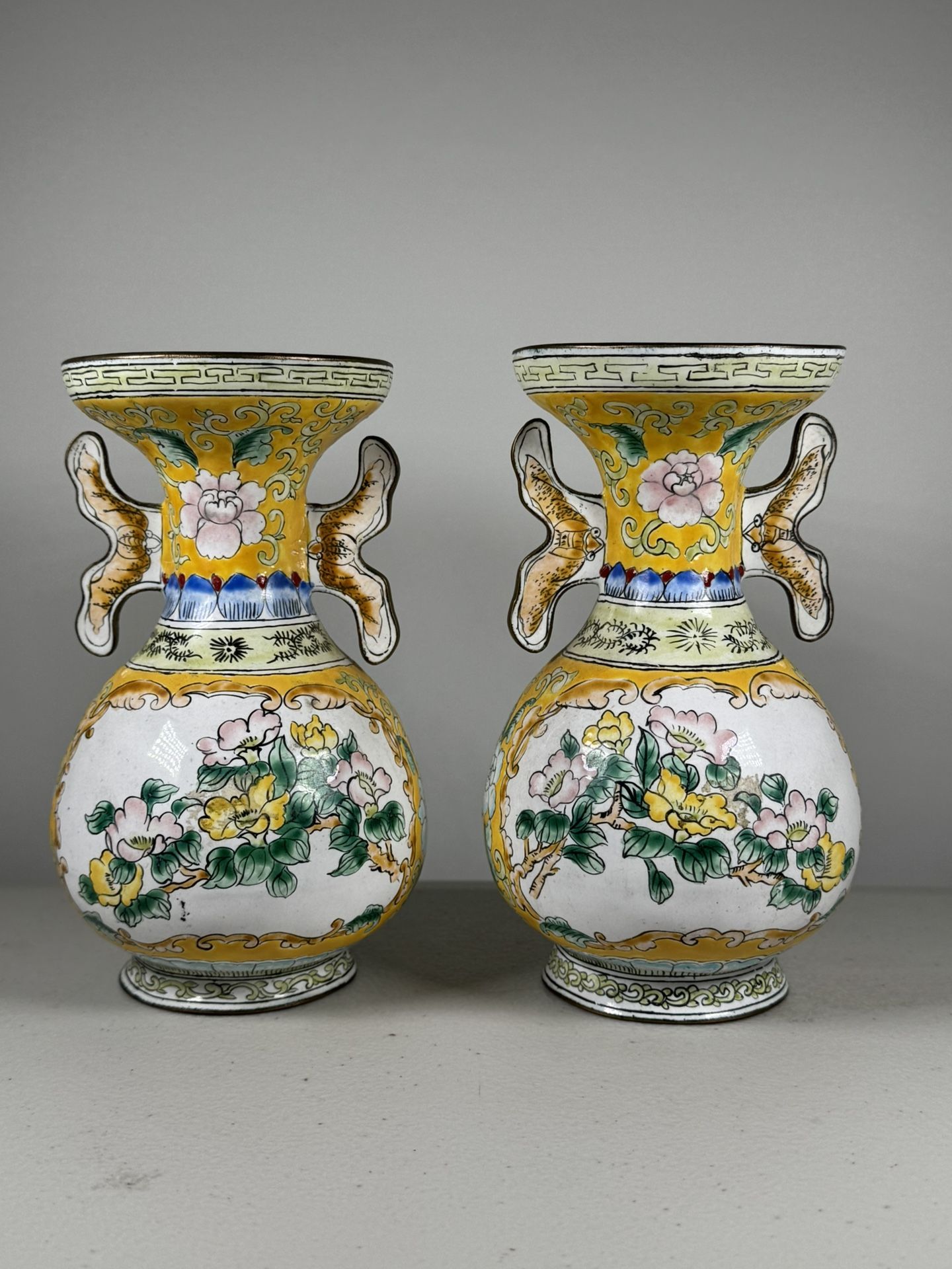 A Pair Of Chinese Antique Copper Enamel Vases