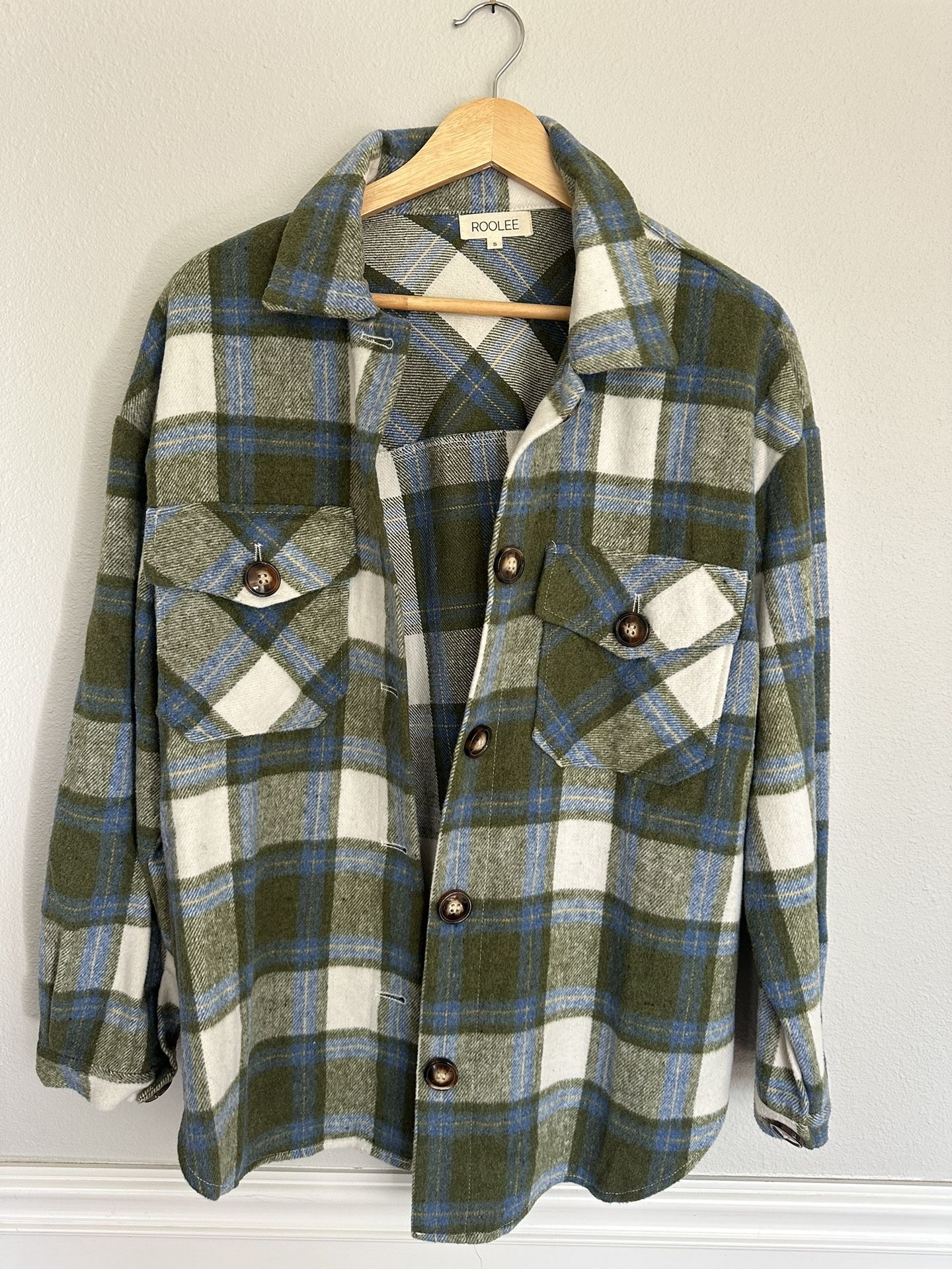 Roolee Green And Blue Plaid Button Up Shirt Jacket Shacket 