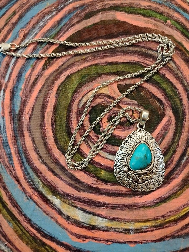 Beautiful Turquoise Set in Sterling Silver Pendant on a 21 inch Sterling Chain