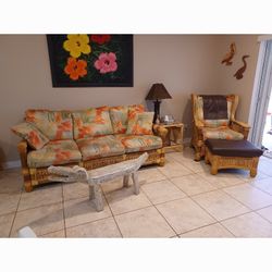 Rattan Sofa With Matching Chair And Ottoman. Heavy Duty.Framed On BAMBOO WOOD  
