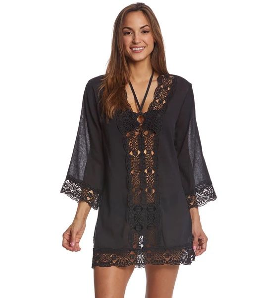 La Blanca Women's Lace V-Neck Tunic Dress size L 100% Cotton Black wrinkle