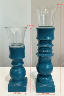 Pair of Freshly Painted Costal Blue Wood Candleholders with Attached Glass Jar Tops