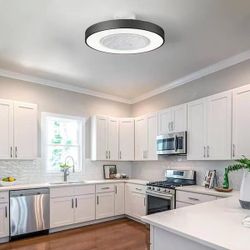 21 in. Integrated LED Indoor Modern Black Caged Round Enclosed Flush Mount Ceiling Fan Light with Remote for Bedroom