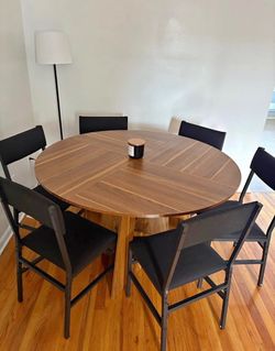 Round wood table with 6 chairs