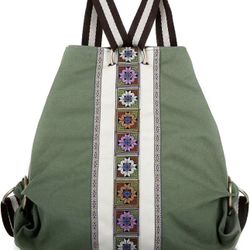 Women Canvas Backpack Daypack Casual Shoulder Bag, Vintage Heavy-duty Anti-theft Travel Backpack Grass Green