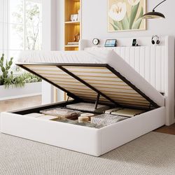Queen Size Lift Up Storage Bed Frame,Storage Shelf Headboard with Charging Station,Type-C and USB Ports,Hydraulic Support,Velvet Upholstered Bed Frame