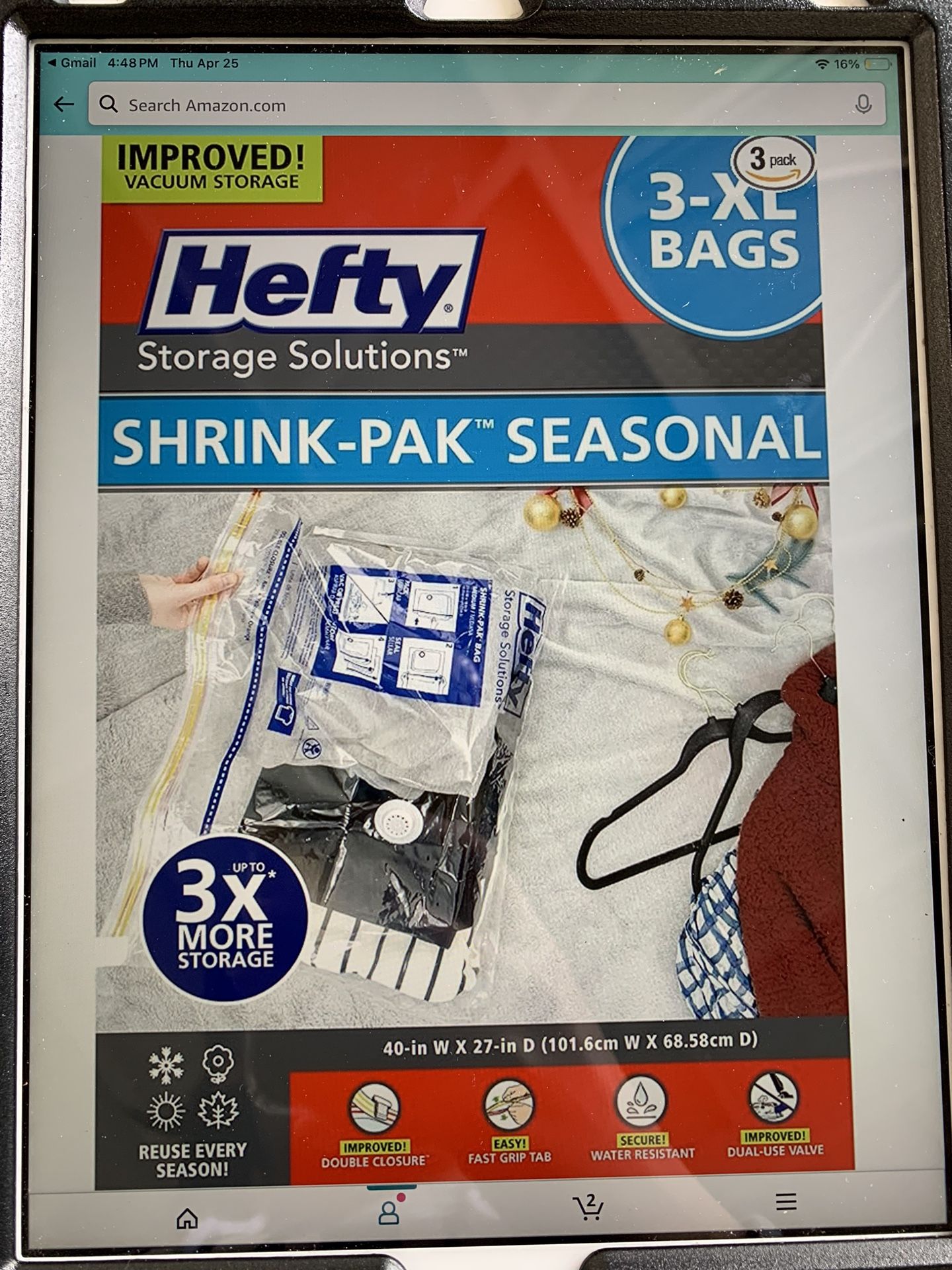 Hefty Shrink-Pak - 3 Extra Large Vacuum Storage Bags for Storage for Clothes, Pillows, Towels, or Blankets - Space Saver Vacuum Sealer Bags Ideal @M2