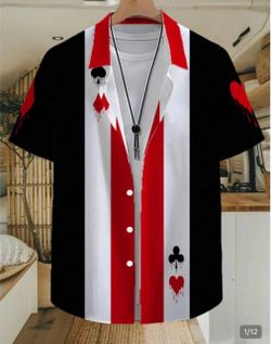 “Cards,” Button Up Men’s Polo- Anime/EDM XL