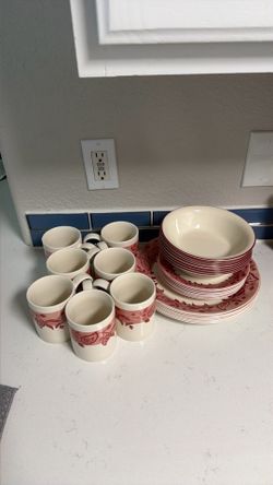 unique pink flower plate, bowl, and mugs