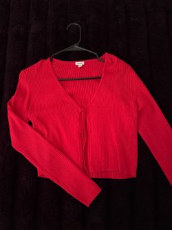 Garage Red Ribbed Tie-Front Cardigan