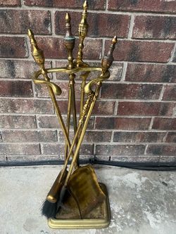 Vintage MCM Brass Fireplace Tools Set with Stand