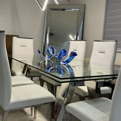 Dinning Set, Glass Table, White Leather Chairs, Floor Mirror, Acrylic Sculpture