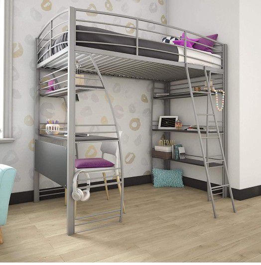 Bunk bed with desk underneath.