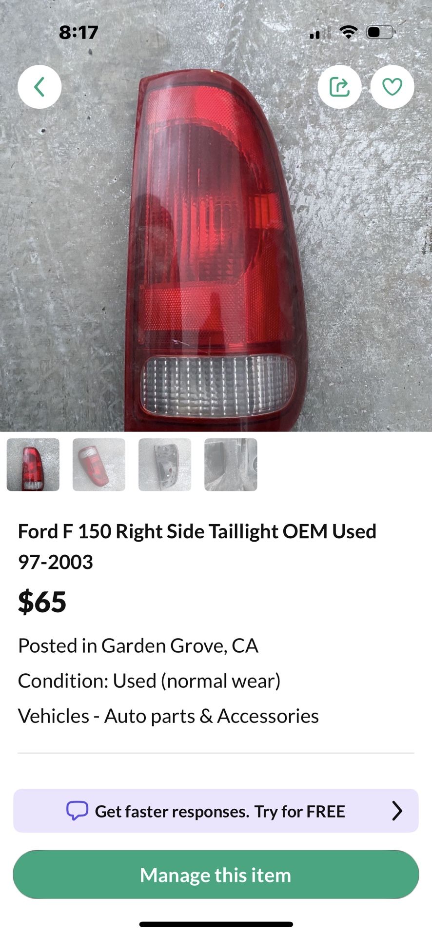 Ford F 150 Right Side Taillight OEM Used