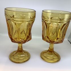 Vintage Antique Set Of 2 Crystal- Heavy Amber Glass Water- Wine Goblets