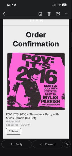 2 tickets for POV it’s 2016 Myles Parrish TB Party