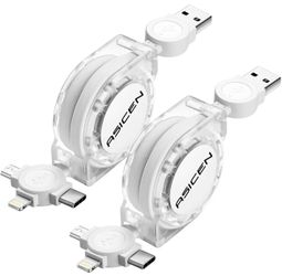 3 in 1 Retractable Multi Charging Cable, 2Pack Multi Fast Charging Cord Retractable Charger Data Sync Cable with iPhone/Type-C/Micro USB Ports for Cel