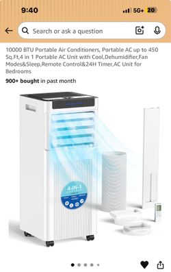 10000 BTU Portable Air Conditioners, Portable AC up to 450 Sq.Ft,4 in 1 Portable AC Unit with Cool, Dehumidifier, Fan Modes&Sleep, Remote Control&24H