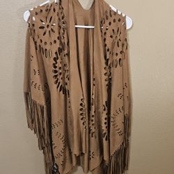 Faux Suede poncho shawl with fringe & laser cut graphic