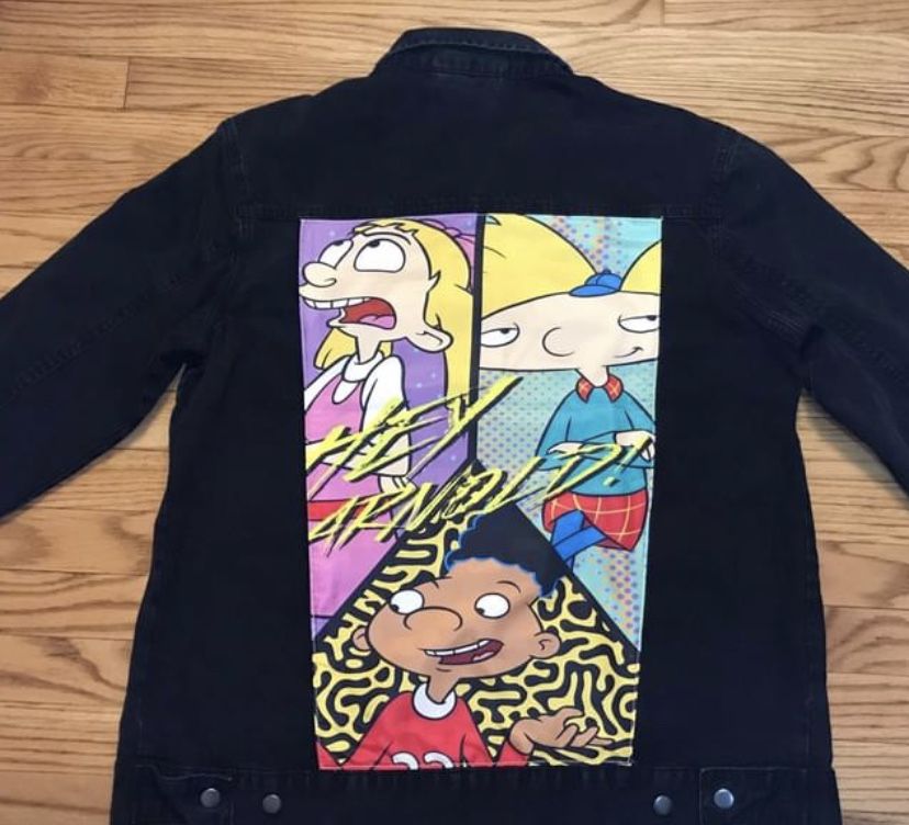 Nickelodeon Print Black denim jacket Hey Arnold Men’s sz Large New! Pick up only 