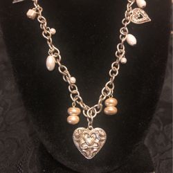 36” Silver Stainless Steel Necklace With Pearls And Hearts,By COLDWATER CREEK)