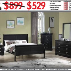 4pc Bedroom Set $529 Queen $629 Eastern King Includes bedframe Dresser mirror nightstand Black Bedroom Set